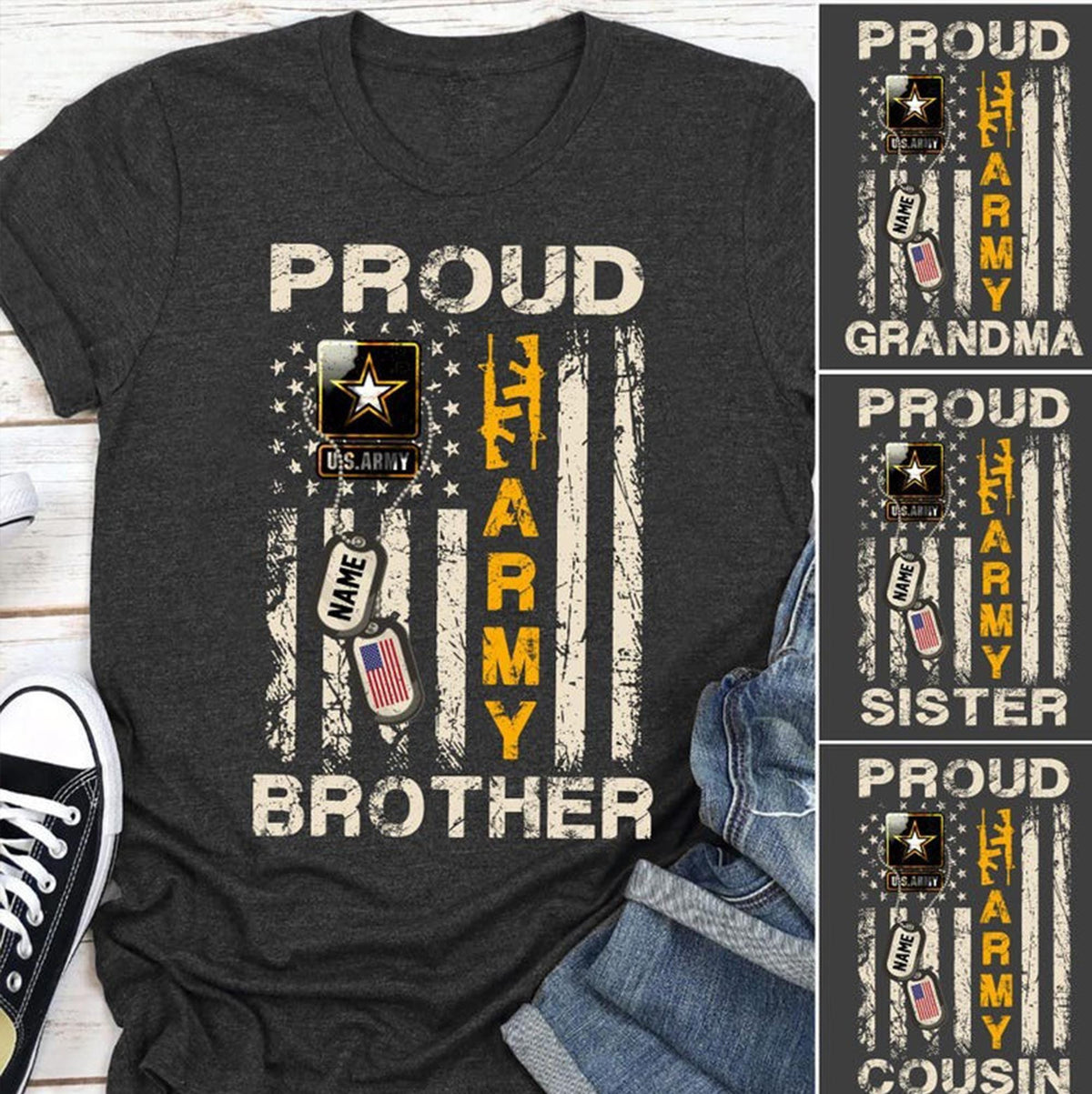 Custom Proud Army Family Mom Dad Brother Sister Papa Shirts, Personalized Army Dad T-Shirt, USA Army Family Outfits, Military Family Gift