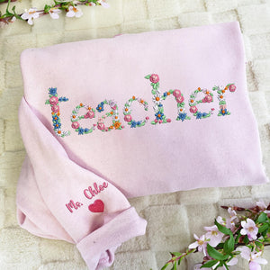 Teacher Embroidered Floral Sweatshirt, Personalized Name Teacher Hoodie, 1st Grade Teacher Shirt, Teacher School Shirt, New Teacher Gift