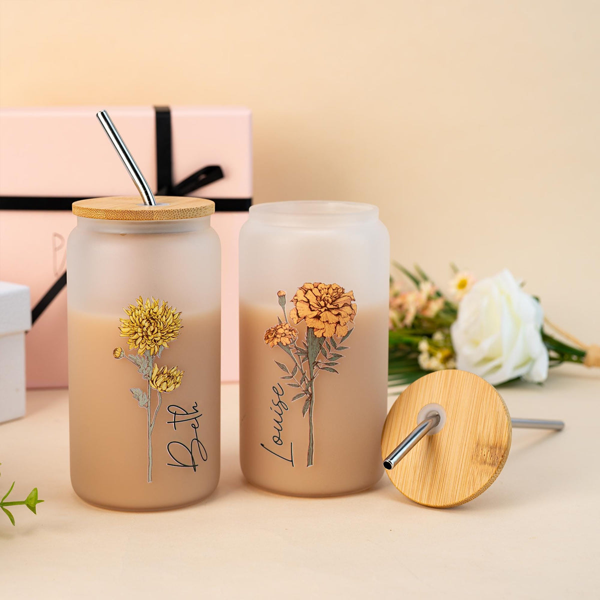 Personalized Birth Flower Tumbler, Custom Sister Gifts For Birthday, Bridesmaid Proposal Gift, Graduation Gift, Custom Glass Coffee Cup