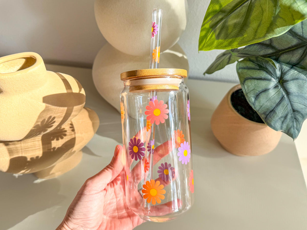 Glass Cup with Lid & Straw, Beer Can Glass, Flower Glass Cup, Ice Coffee Glass, Christmas Gift for Mom, Dishwasher Safe