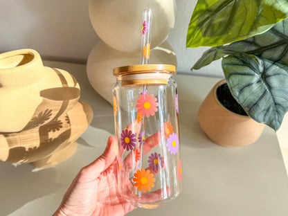Glass Cup with Lid & Straw, Beer Can Glass, Flower Glass Cup, Ice Coffee Glass, Christmas Gift for Mom, Dishwasher Safe