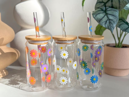 Glass Cup with Lid & Straw, Beer Can Glass, Flower Glass Cup, Ice Coffee Glass, Christmas Gift for Mom, Dishwasher Safe