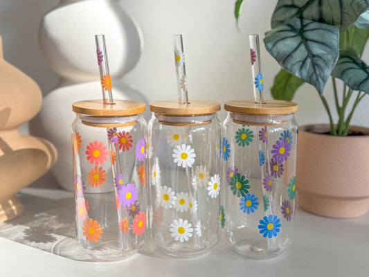 Glass Cup with Lid & Straw, Beer Can Glass, Flower Glass Cup, Ice Coffee Glass, Christmas Gift for Mom, Dishwasher Safe
