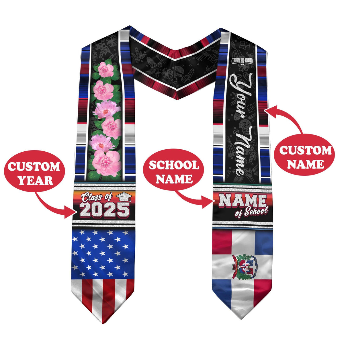 Personalized Dominicans American Flag Graduation Sash 2025, Dominican Republic Graduation Stole Customize 2025, Custom Graduation Stole 2025