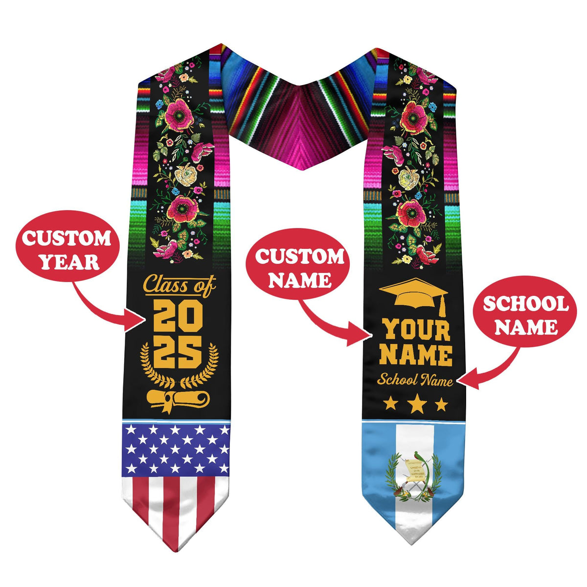 Personalized Guatemalan American Flag Graduation Sash 2025, Guatemala Graduation Stole, Guatemalan Graduation 2025, Custom Graduation Stole