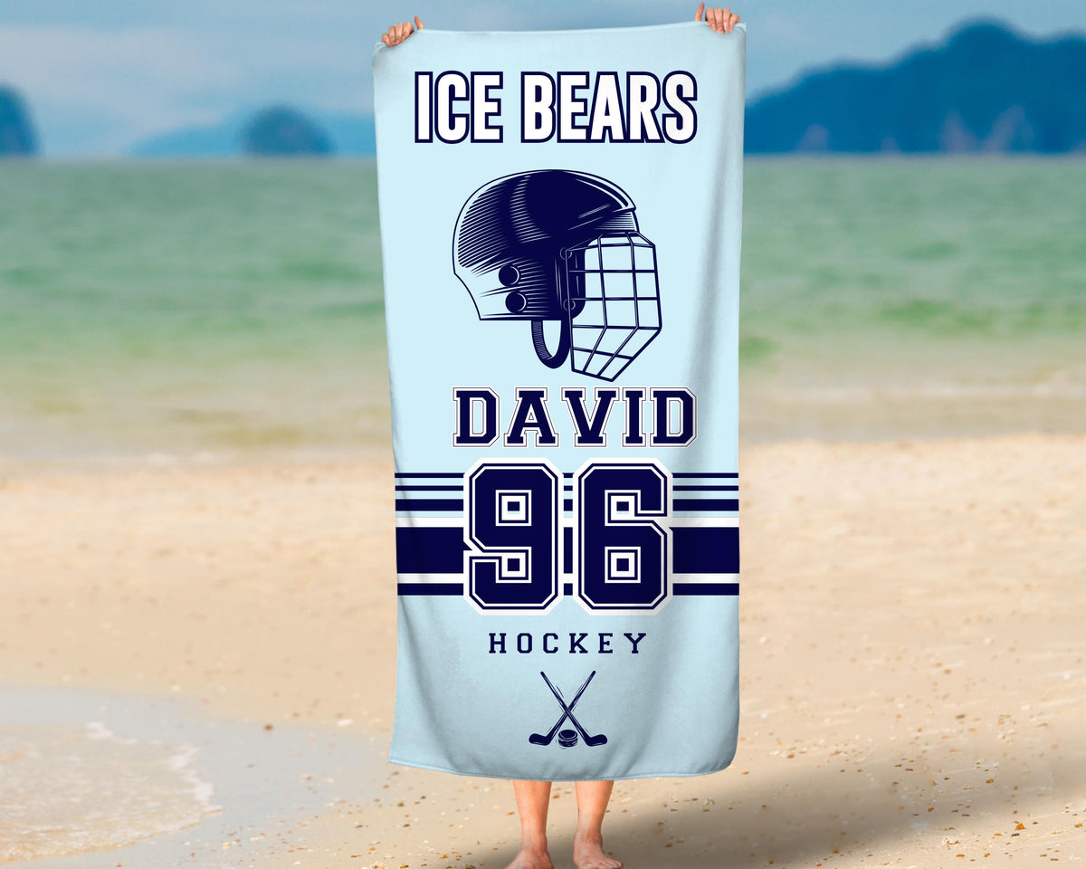 Personalized Hockey Team Beach Towel, Custom Hockey Dad Gift, Sports Mom Towel, Hockey Baby Name Gift, Hockey Jersey Number, Sports Fan Gift