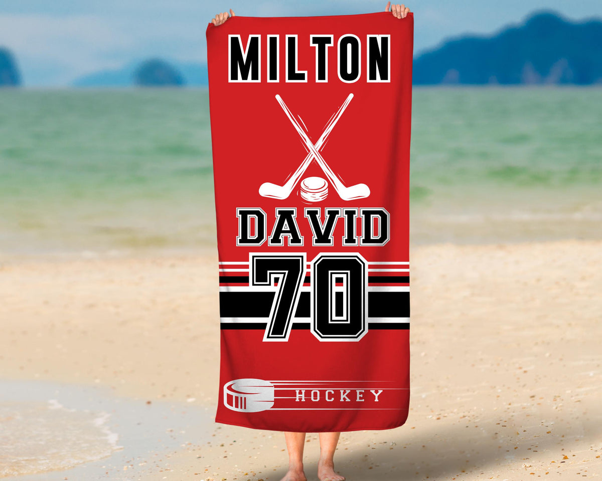 Personalized Hockey Team Beach Towel, Custom Hockey Dad Gift, Sports Mom Towel, Hockey Baby Name Gift, Hockey Jersey Number, Sports Fan Gift