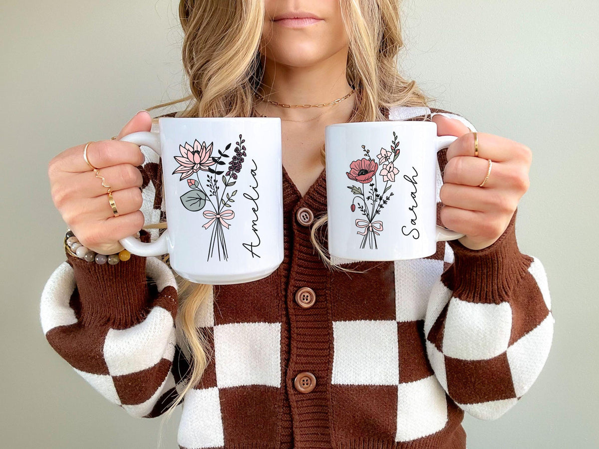 Personalized Coquette Birth Flower Mug, Custom Floral Coffee Mug, Gift For Mom, Gift For Daughter, Best Friend Gift, Gifts Under 20