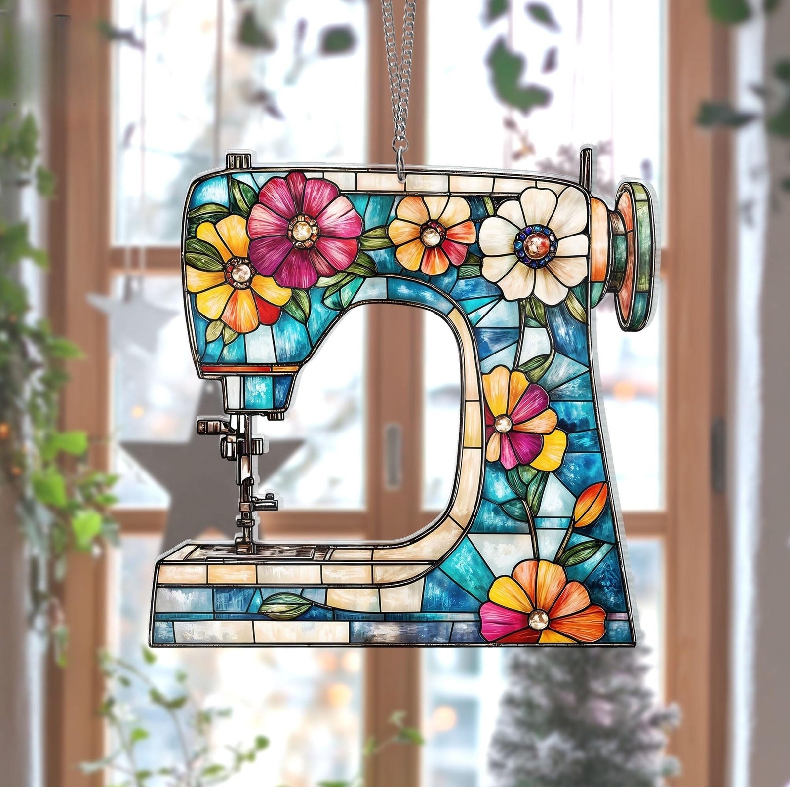 Sewing Machine Suncatcher Ornament, Wild Flower Sewing Machine Window Decor, Perfect Gift for Sewing Lover,Tailor Shop Decor Sewing Ornament