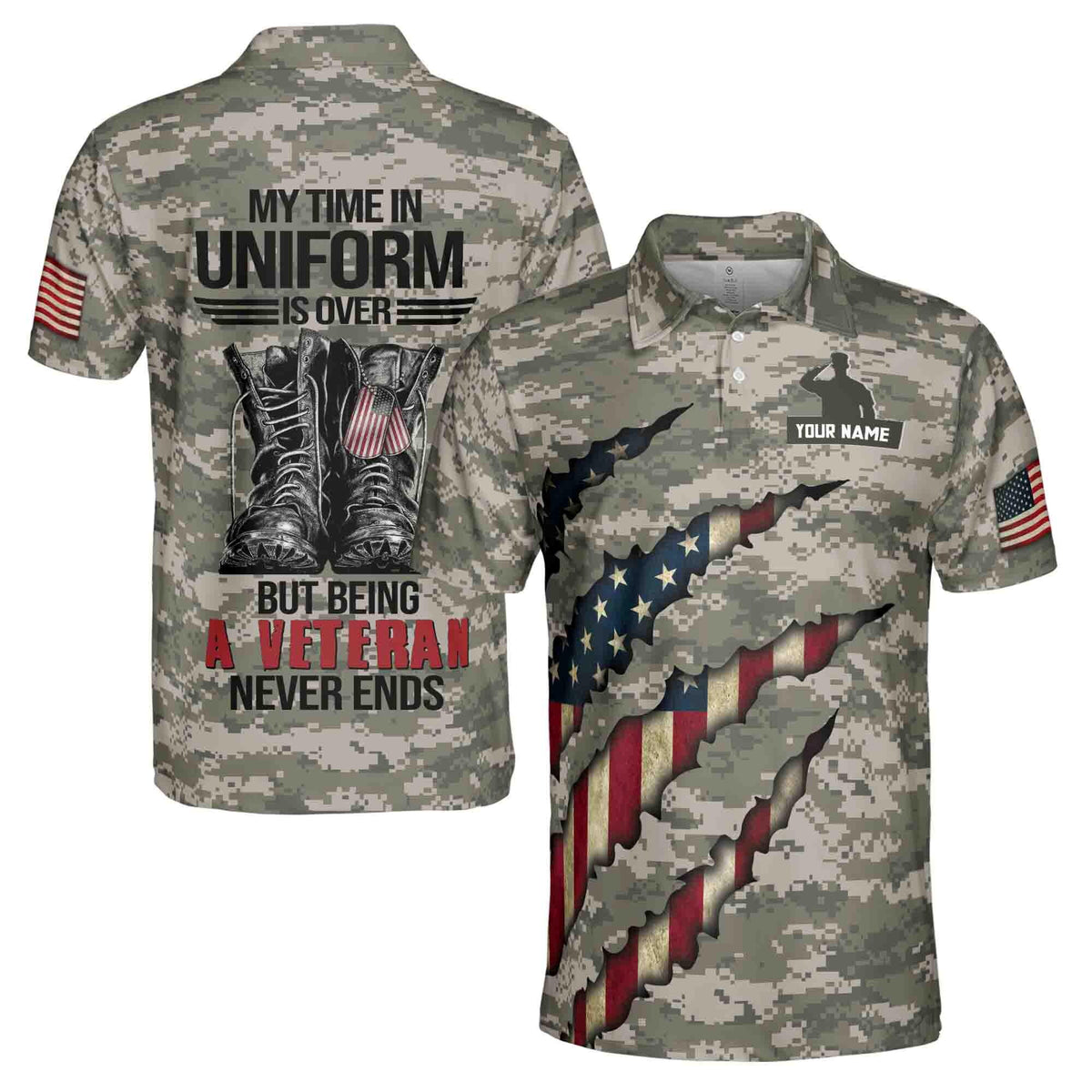 Veteran U.S Military Army Personalized Name American Patriotic Veteran 3D All Over Printed Polo Shirt