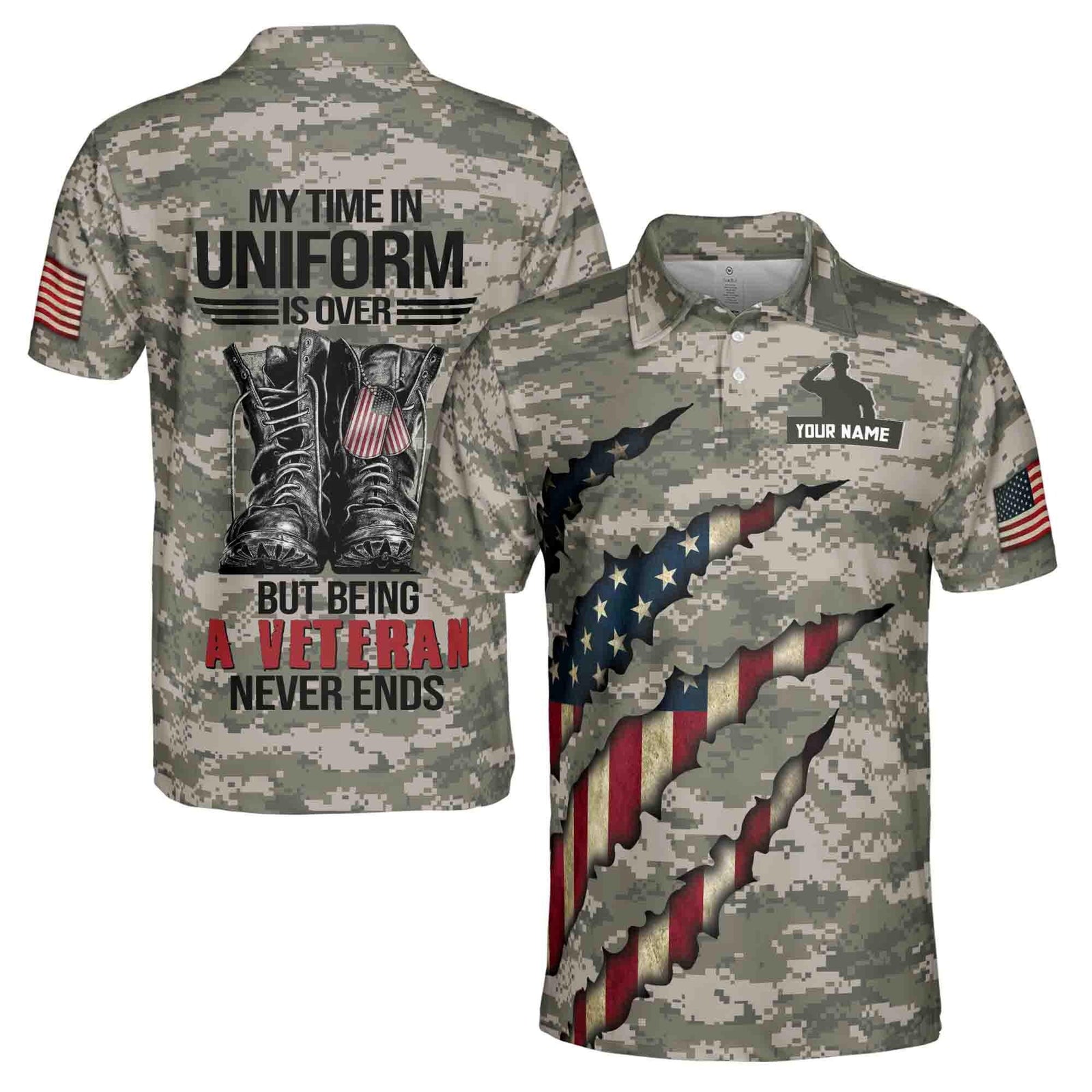 Veteran U.S Military Army Personalized Name American Patriotic Veteran 3D All Over Printed Polo Shirt