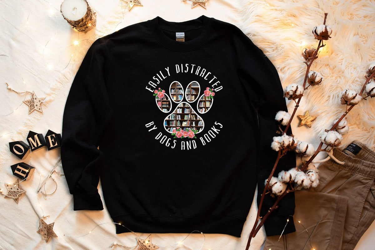 Easily Distracted Dogs And Books Sweatshirt, Book Lover Sweat, Gift For Librarian, Library Sweatshirt, Book Nerd Sweat, Gift For Book Lover