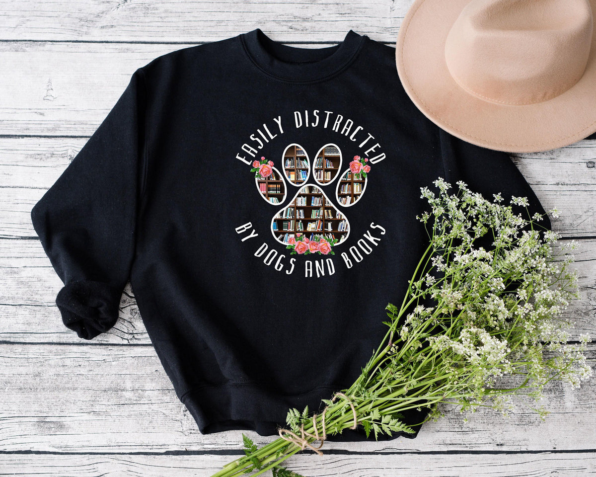 Easily Distracted Dogs And Books Sweatshirt, Book Lover Sweat, Gift For Librarian, Library Sweatshirt, Book Nerd Sweat, Gift For Book Lover