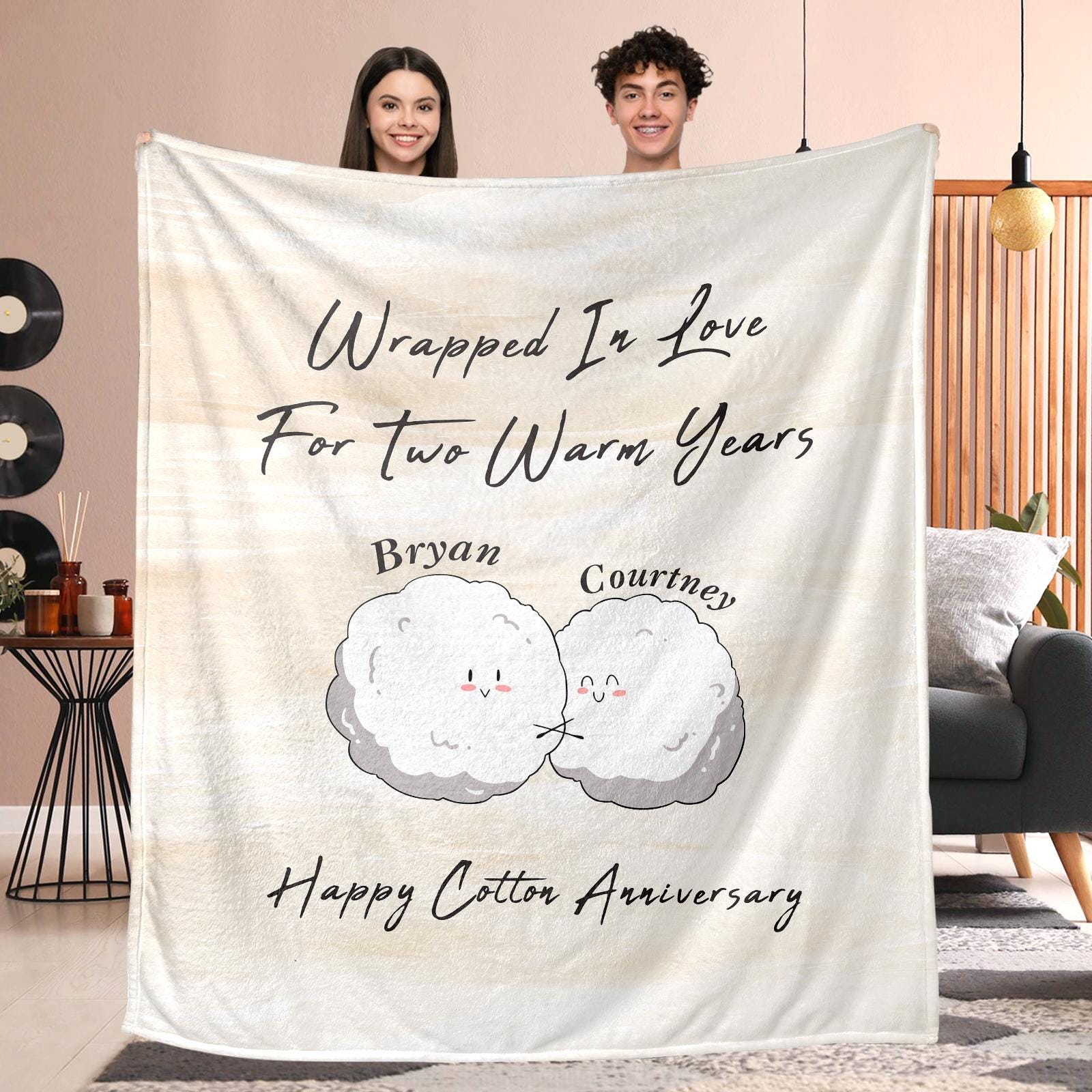 2 Years Anniversary Blanket, Custom Cotton Anniversary Gifts for Her Him Husband Wife, Couple Throw Blanket for Girlfriend Boyfriend