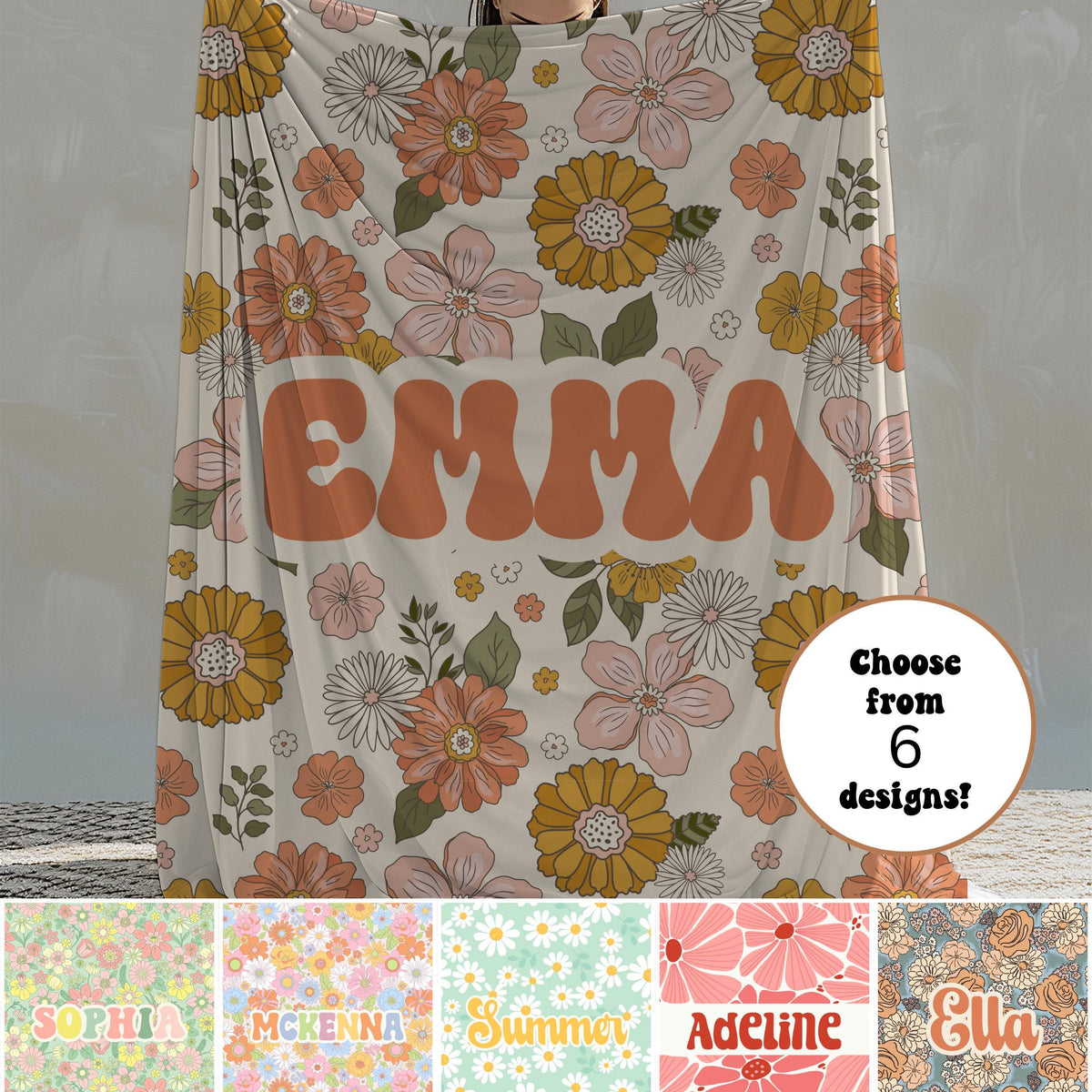 Personalized Custom Kids Flower Retro Blanket with Name Custom Birthday Anniversary Baby Name Blanket Gift Daughter Teen Girl Baby Shower