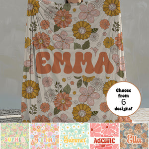 Personalized Custom Kids Flower Retro Blanket with Name Custom Birthday Anniversary Baby Name Blanket Gift Daughter Teen Girl Baby Shower