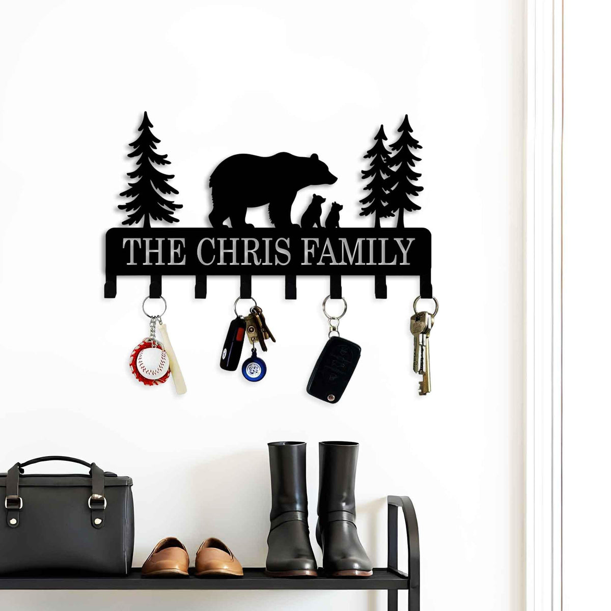 Personalized Bear Family Key Holder - Address Yard Home Decor - Custom Family Name - Camping Gift Stakes - Wilderness Bear Cabin Sign