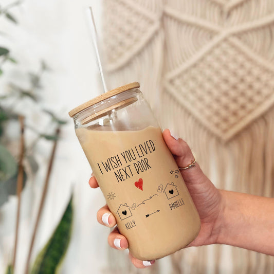 Best Friend Gift, Personalized Friendship Gifts, Custom Ice Coffee Glass With Lid And Straw, Bestie Glass Tumbler, Birthday Gift For Mom BFF