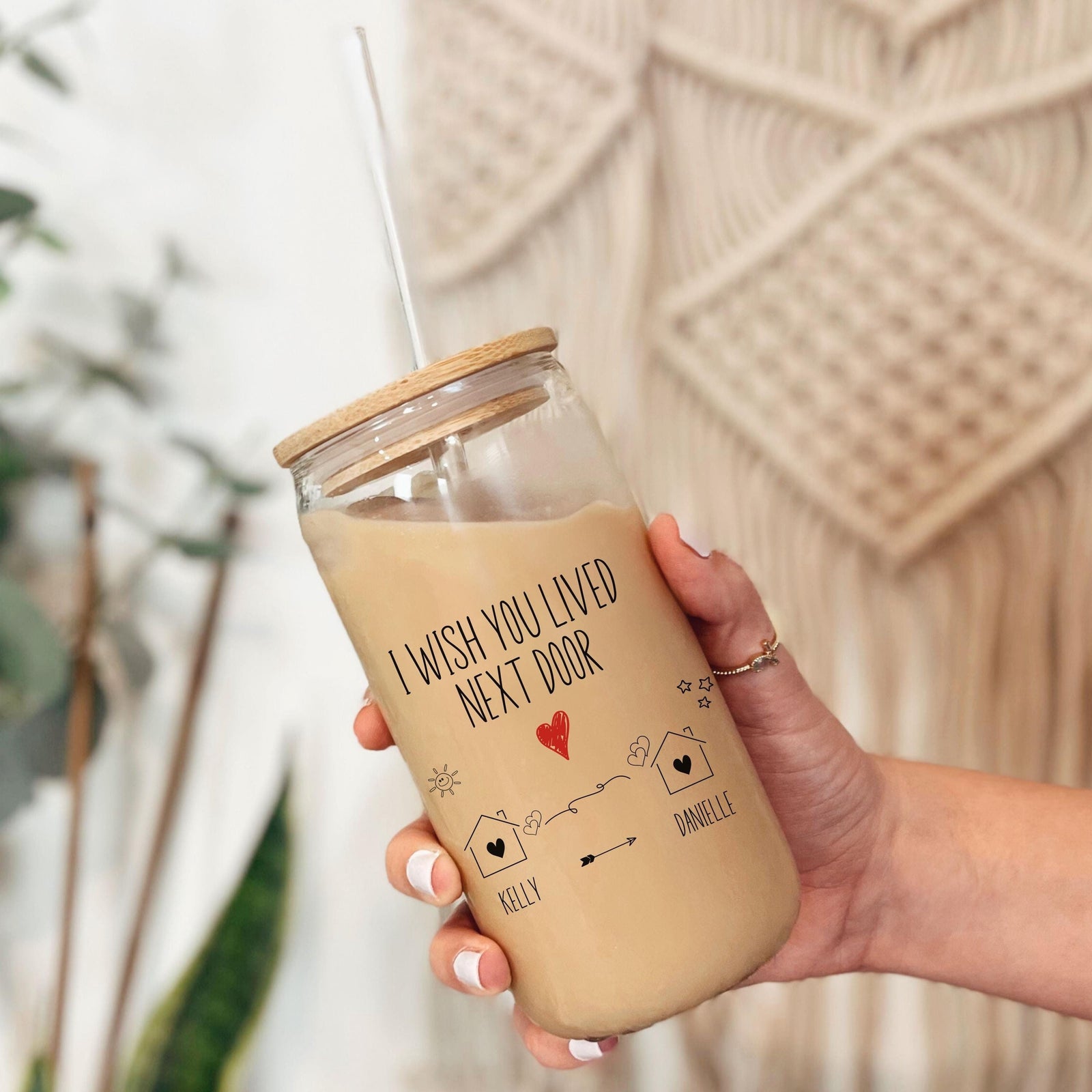 Best Friend Gift, Personalized Friendship Gifts, Custom Ice Coffee Glass With Lid And Straw, Bestie Glass Tumbler, Birthday Gift For Mom BFF