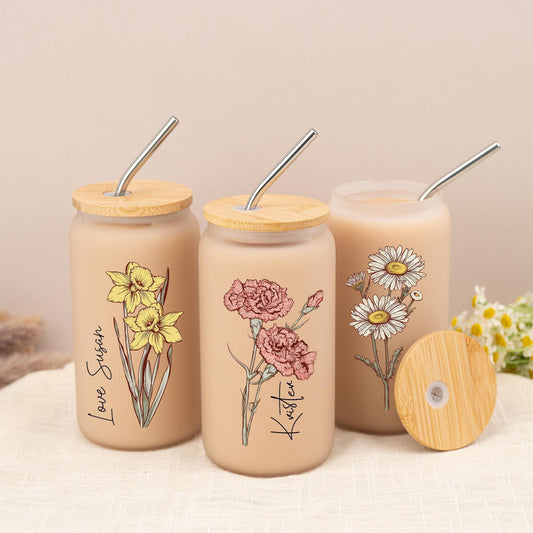 Personalized Birth Flower Tumbler, Custom Sister Gifts For Birthday, Bridesmaid Proposal Gift, Graduation Gift, Custom Glass Coffee Cup