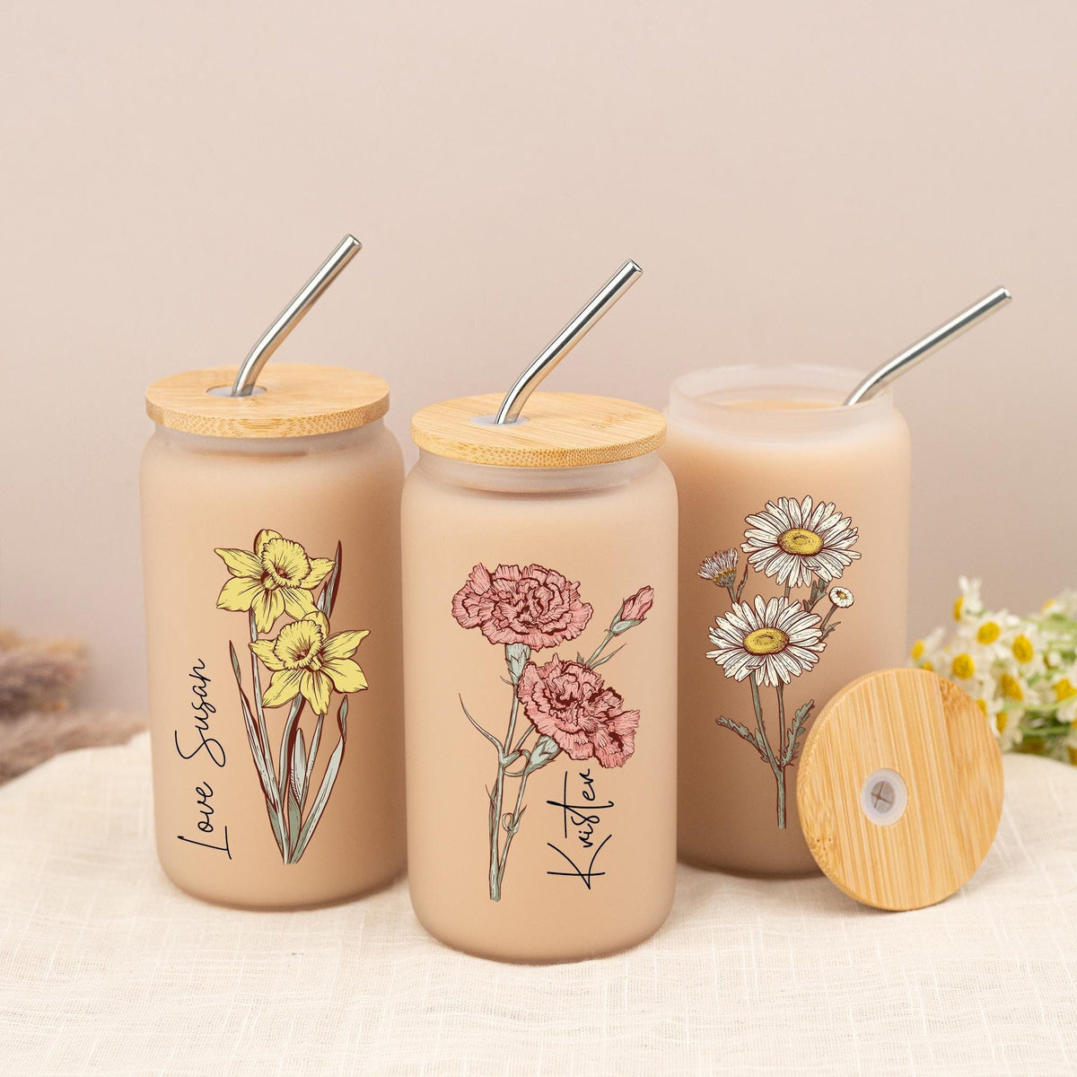 Personalized Birth Flower Tumbler, Custom Sister Gifts For Birthday, Bridesmaid Proposal Gift, Graduation Gift, Custom Glass Coffee Cup
