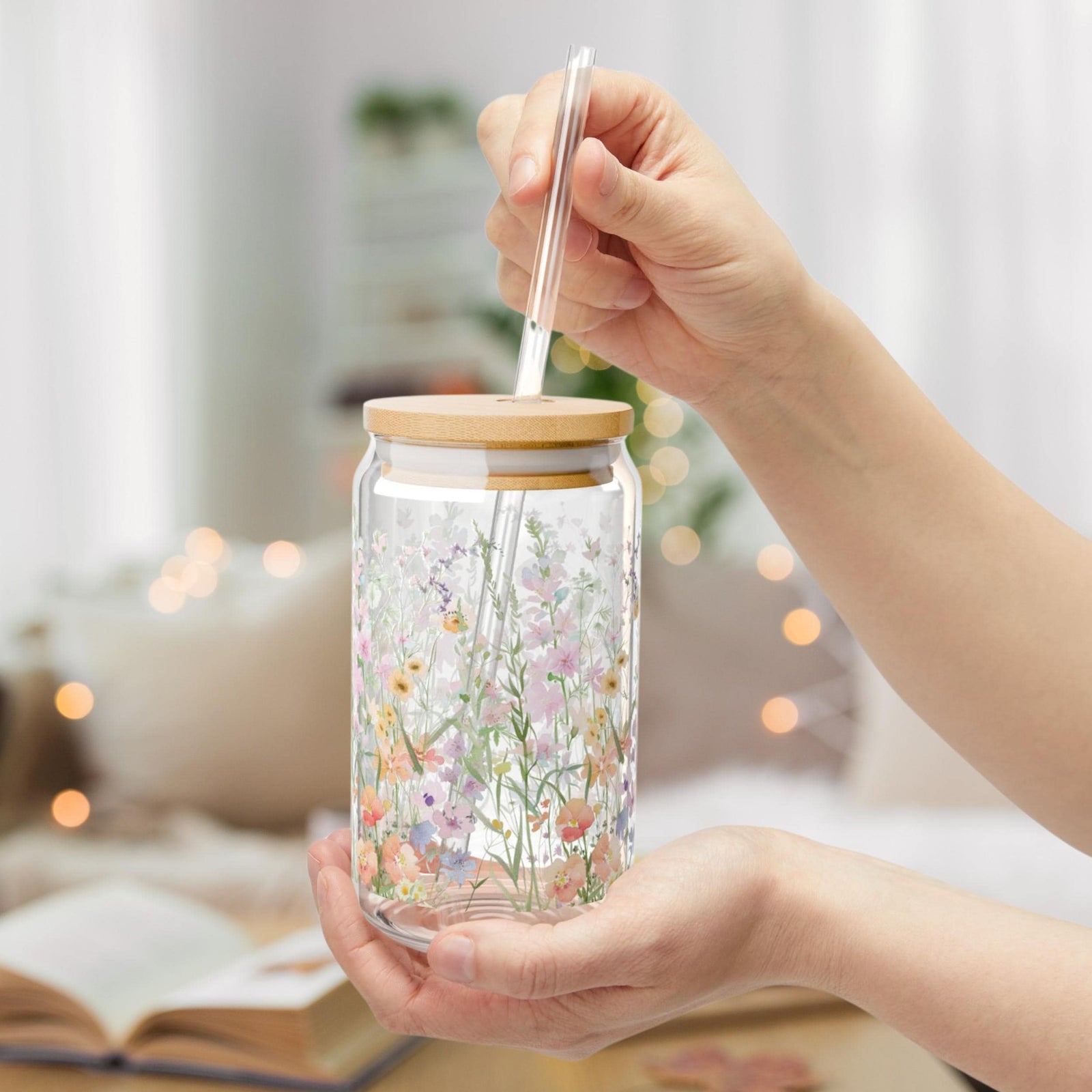 Wildflower Iced Coffee Glass Tumbler Cottagecore Floral Glass Can With Lid And Straw Flower Coffee Cup For Women Gift For Coffee Lover 16oz