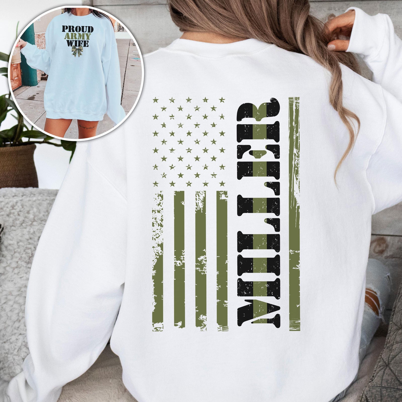 Custom Proud Army Wife Sweatshirt with Name, Personalized Army Solider Family Shirt, Proud Military Family Sweatshirt, Green Line Coquette