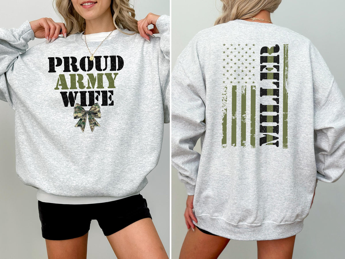 Custom Proud Army Wife Sweatshirt with Name, Personalized Army Solider Family Shirt, Proud Military Family Sweatshirt, Green Line Coquette