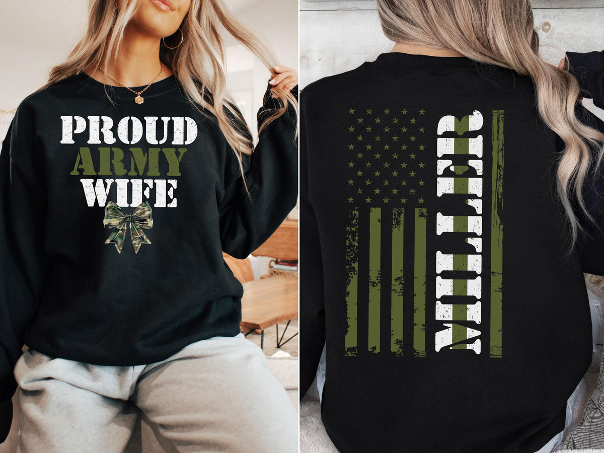 Custom Proud Army Wife Sweatshirt with Name, Personalized Army Solider Family Shirt, Proud Military Family Sweatshirt, Green Line Coquette