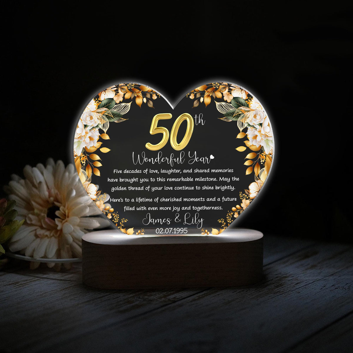 Custom 50th Anniversary Lamp Wooden Base, Golden Wedding Gifts, 50 Year Anniversary Gifts For Parents, 50th Wedding Anniversary Gifts