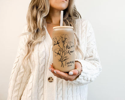Bridesmaid Proposal Glass Tumbler Birth Flower Iced coffee cup Bridesmaid Gift Personalized Gift for her, Maid of honor Be my Bridesmaid