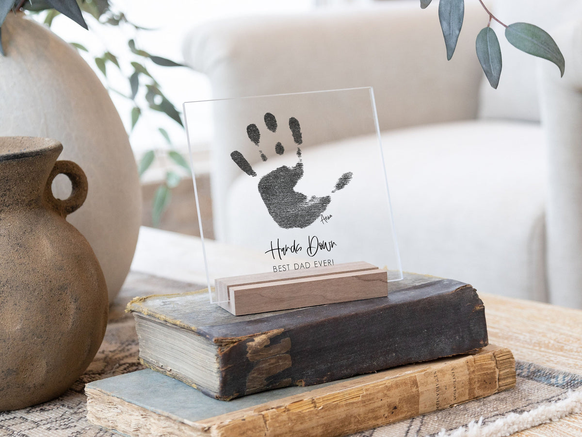Kid Handprint on Acrylic with Wood Stand, Father's Day Gift From Kid, Dad Gift from Daughter, Personalized Grandpa Gift