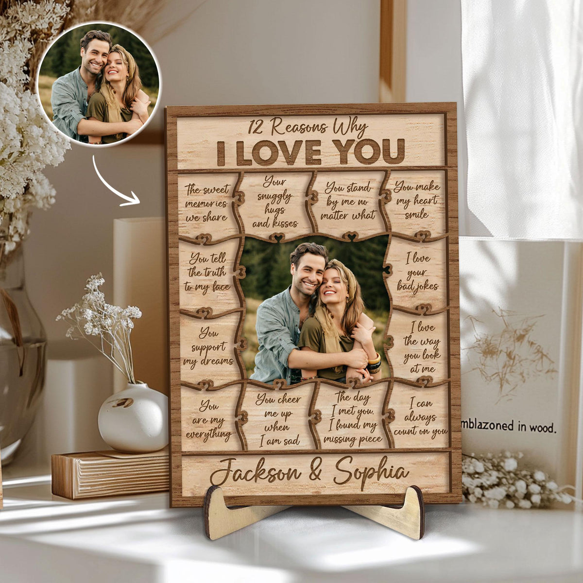 Personalized 12 Reasons Why I Love You Wooden Plaque, Custom Photo Wooden Sign, Valentine's Day Gift, Wedding, Engagement Gift for Her, Him