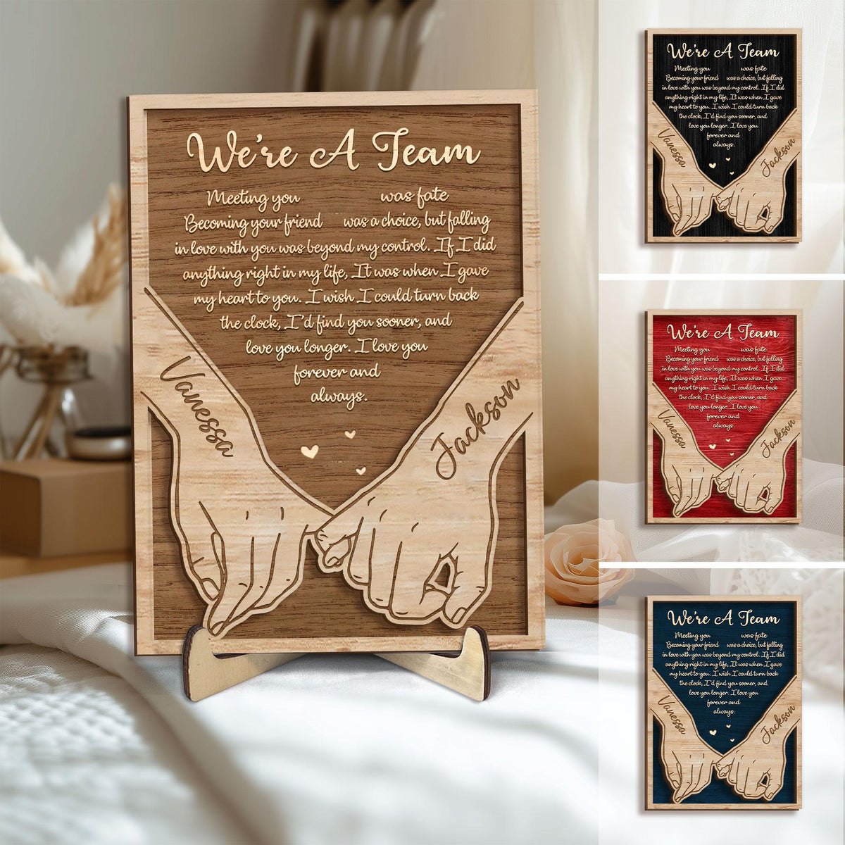 Personalized Couple Wooden Plaque, Custom We're a Team Wooden Sign, Holding Hands Wood Sign, Valentine Day Gift for Him, Her, Husband, Wife