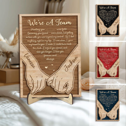 Personalized Couple Wooden Plaque, Custom We're a Team Wooden Sign, Holding Hands Wood Sign, Valentine Day Gift for Him, Her, Husband, Wife