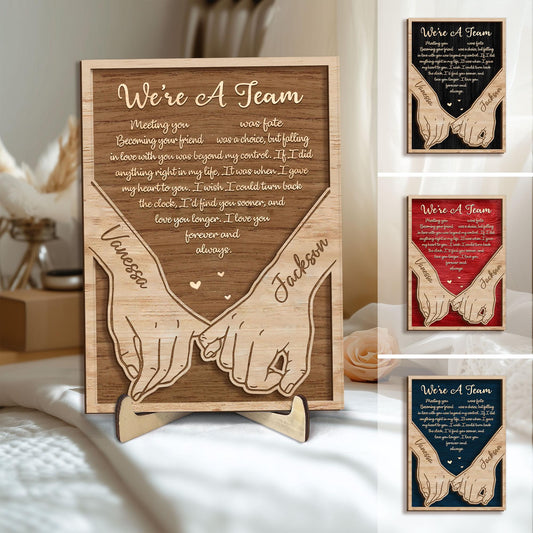 Personalized Couple Wooden Plaque, Custom We're a Team Wooden Sign, Holding Hands Wood Sign, Valentine Day Gift for Him, Her, Husband, Wife