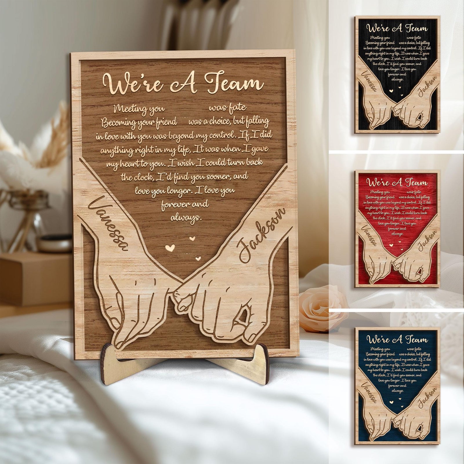 Personalized Couple Wooden Plaque, Custom We're a Team Wooden Sign, Holding Hands Wood Sign, Valentine Day Gift for Him, Her, Husband, Wife