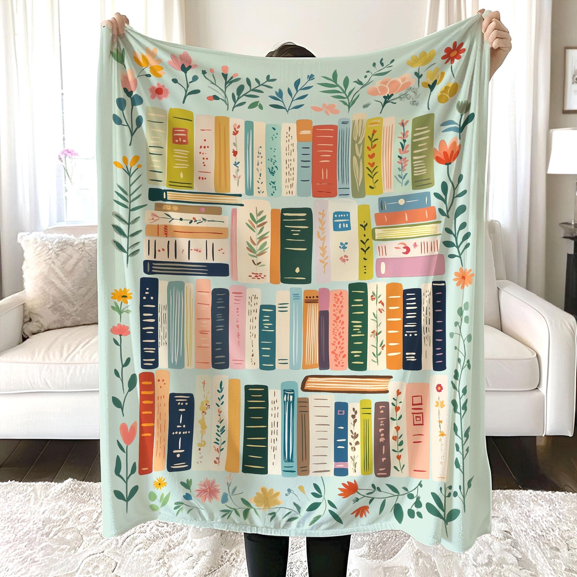 Vintage Library Blanket, Boho Wildflowers Bookish Quilt, Cottagecore Flower Book Gift, Retro Book Lover Gift For Reader Librarian Teacher