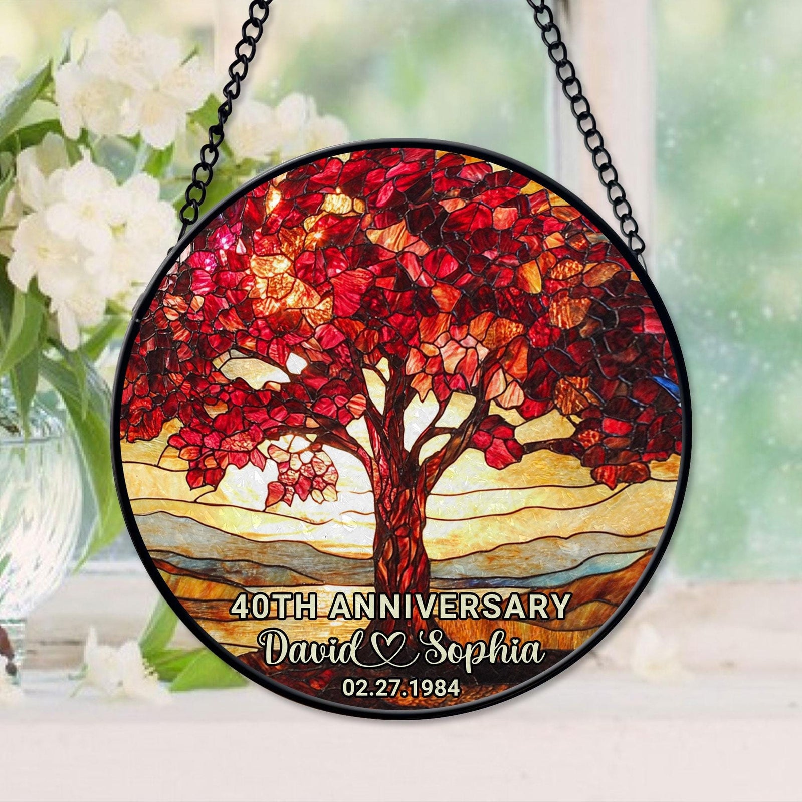 Personalized 40th Wedding Anniversary Window Faux Stained Glass Suncatcher, Wedding Anniversary Keepsake, Ruby Wedding Anniversary Gift