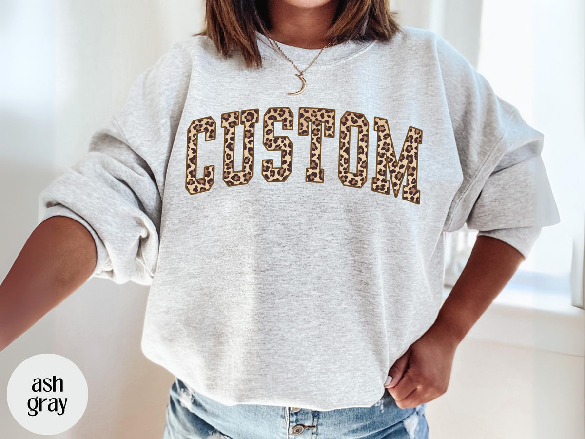 Custom Cheetah Print Sweatshirt, Preppy Varsity Crewneck, Girlfriend Gift, Personalized Hoodie, Best Friend Gift Trendy Oversized Sweatshirt