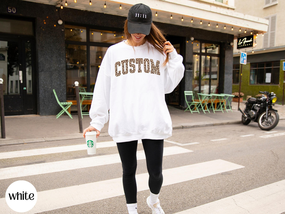 Custom Cheetah Print Sweatshirt, Preppy Varsity Crewneck, Girlfriend Gift, Personalized Hoodie, Best Friend Gift Trendy Oversized Sweatshirt