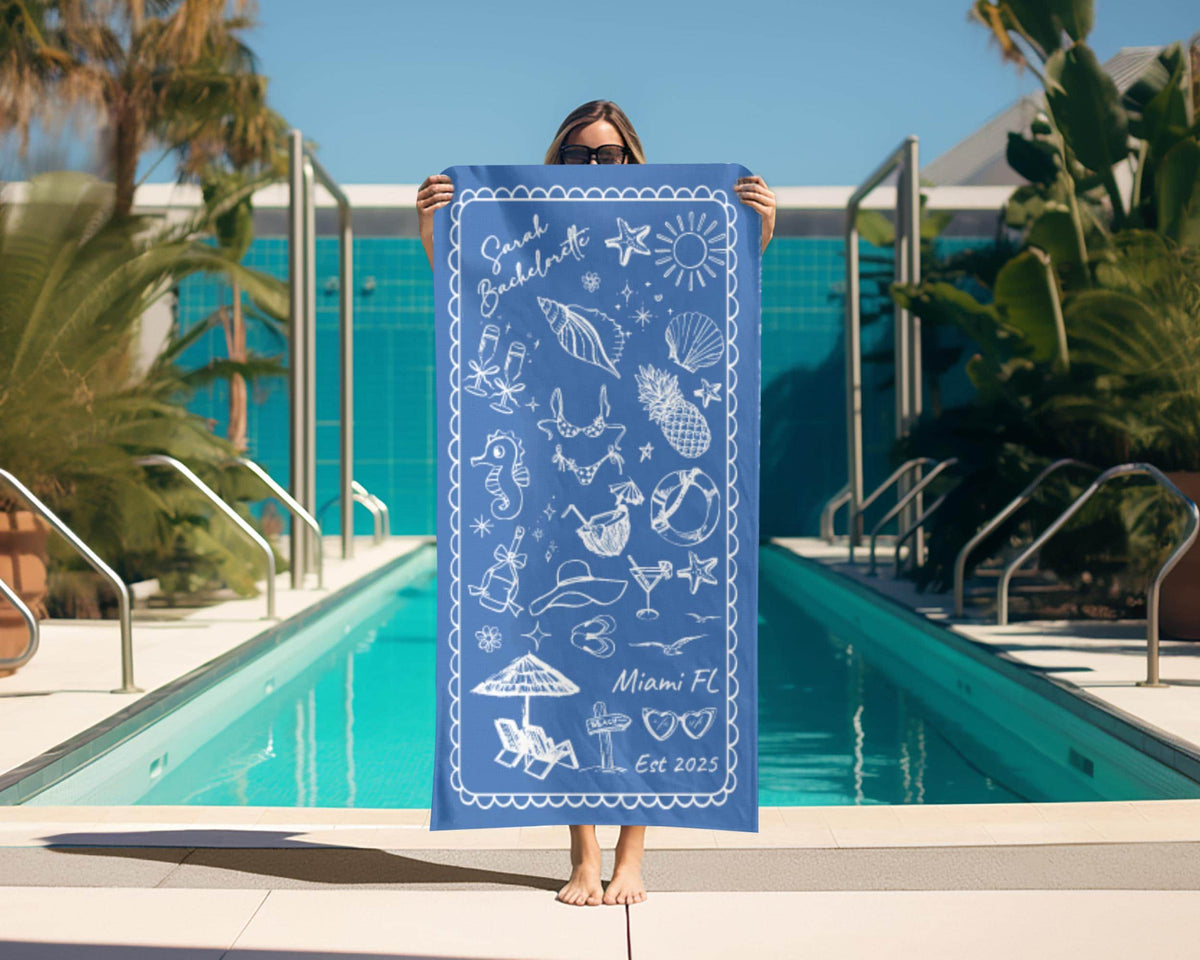 Personalized Bachelorette Beach Towel, Custom Location And Name Bachelorette Party Pool Towel, Bachelorette Trip Gift, Bride, Bridal Shower