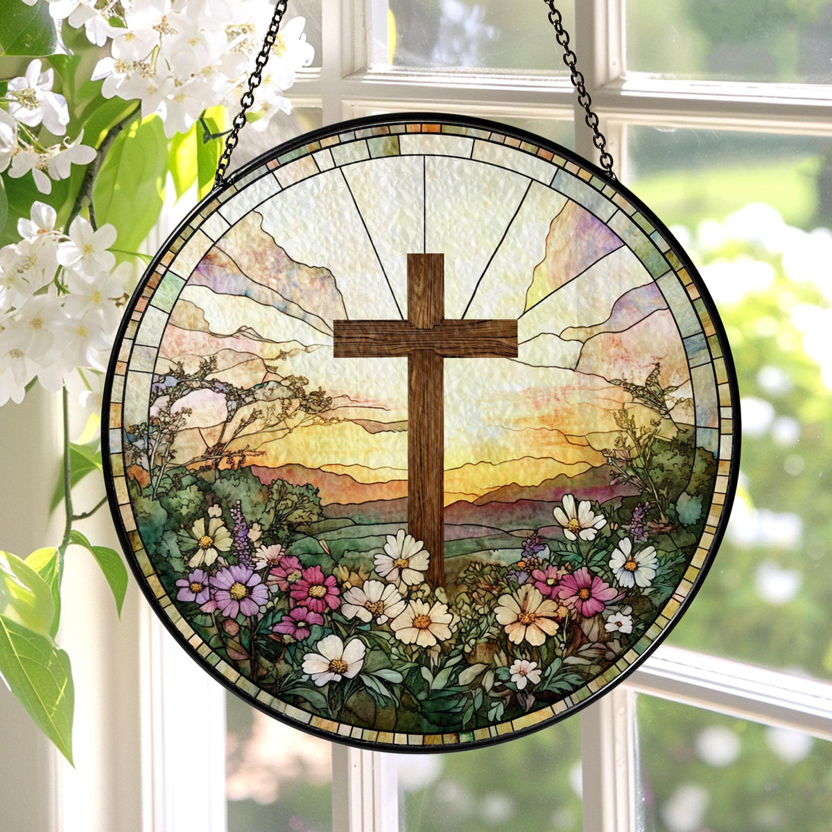 Stained Glass Cross And Wildflowers Suncatcher Christian Glass Windows Hanging Flower Cross Gift For Religious Easter Faith Cross Home Decor