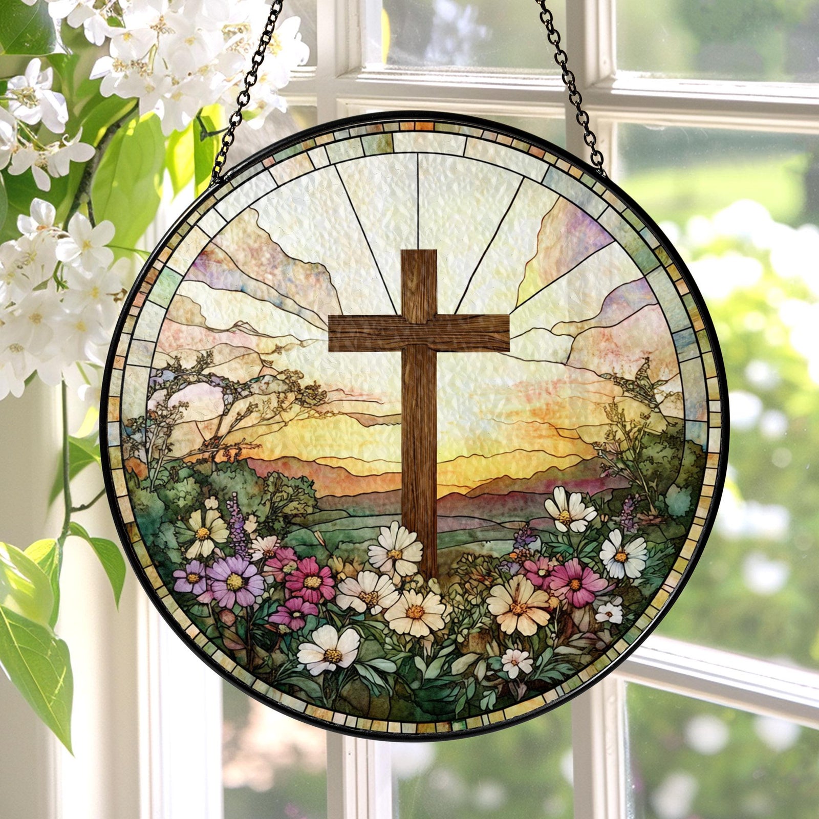Stained Glass Cross And Wildflowers Suncatcher Christian Glass Windows Hanging Flower Cross Gift For Religious Easter Faith Cross Home Decor