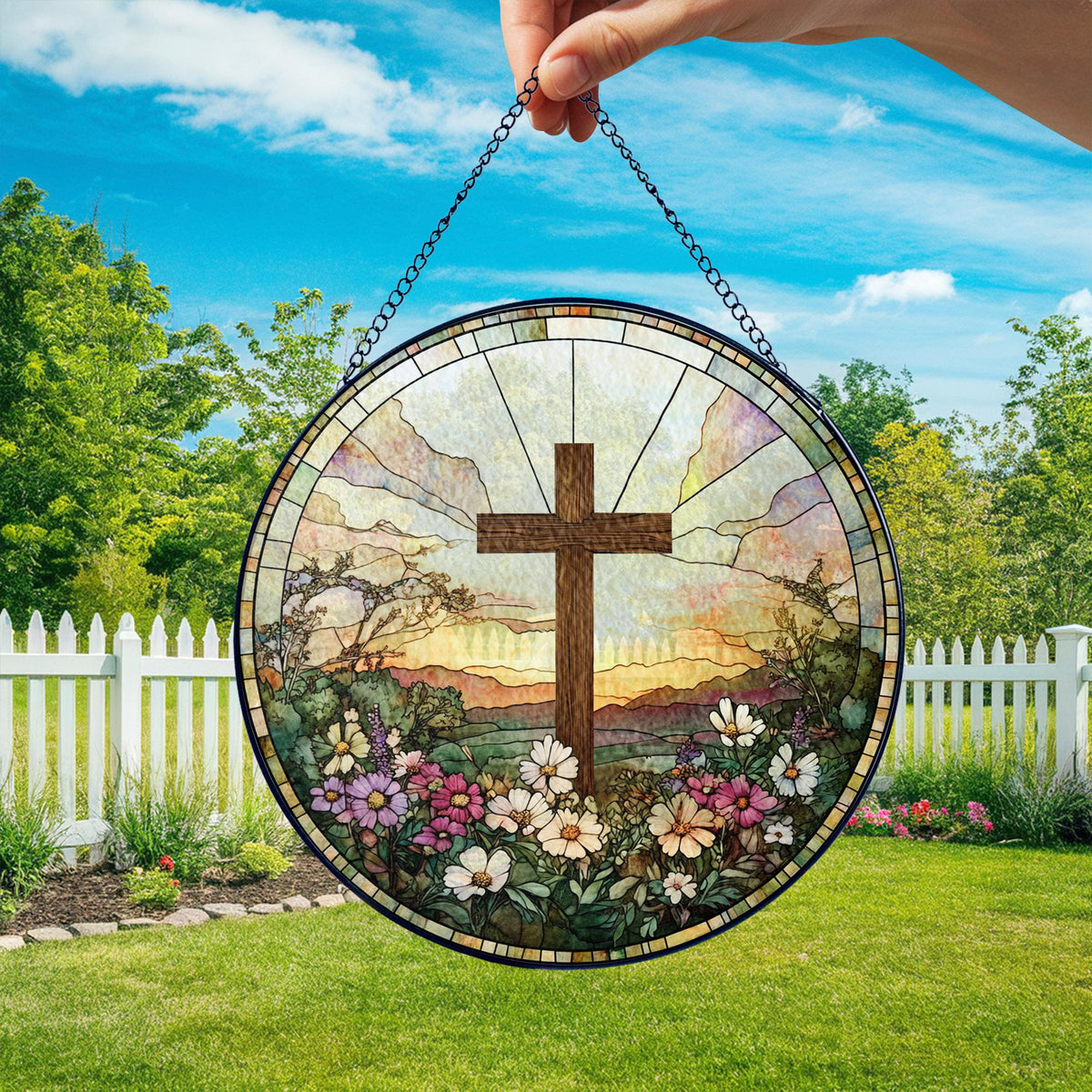 Stained Glass Cross And Wildflowers Suncatcher Christian Glass Windows Hanging Flower Cross Gift For Religious Easter Faith Cross Home Decor