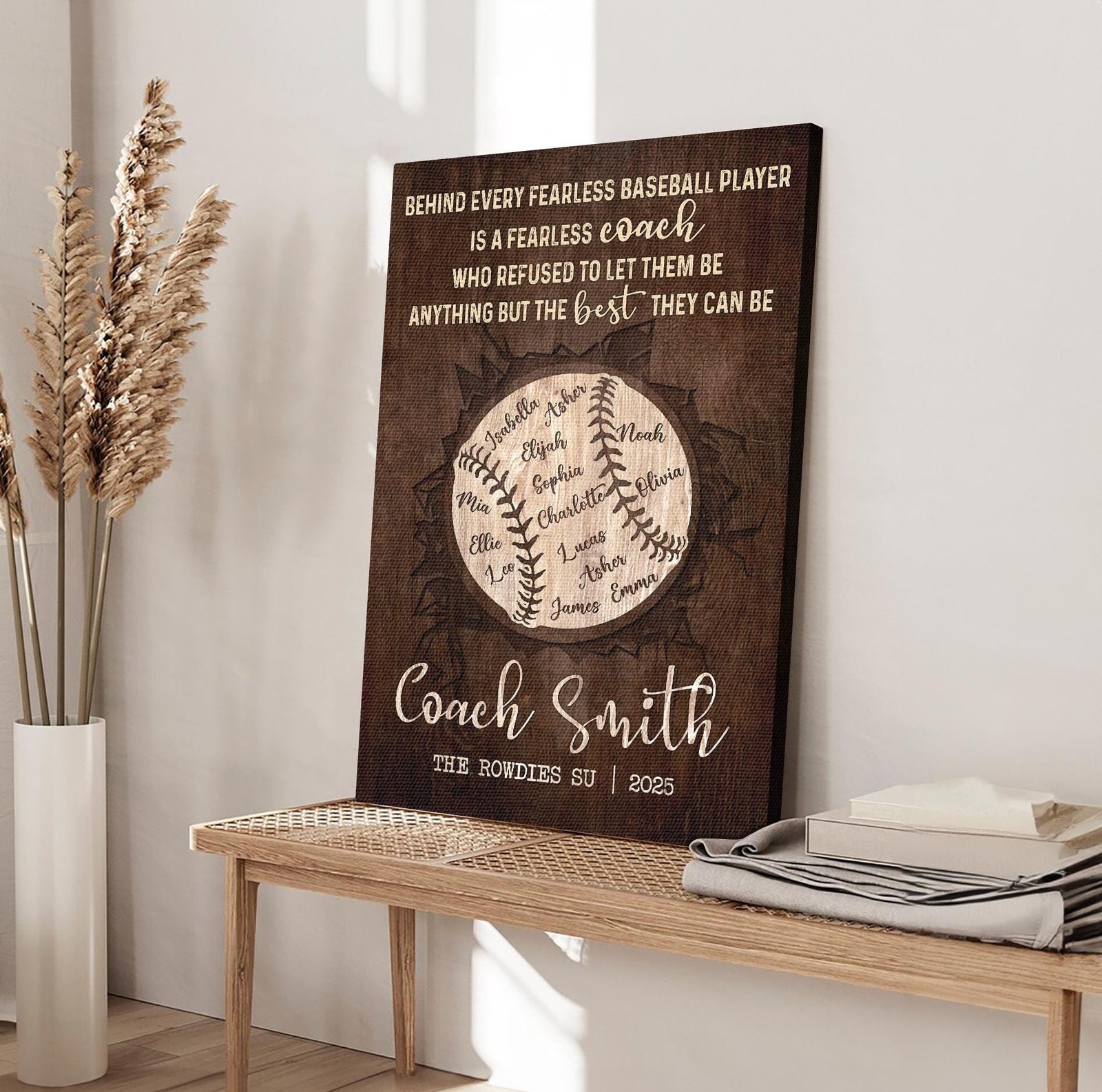 Personalized Baseball Coach Gift - Custom Baseball Team Names Wall Art - Thank You Plaque for Coach - Rustic Sports Keepsake