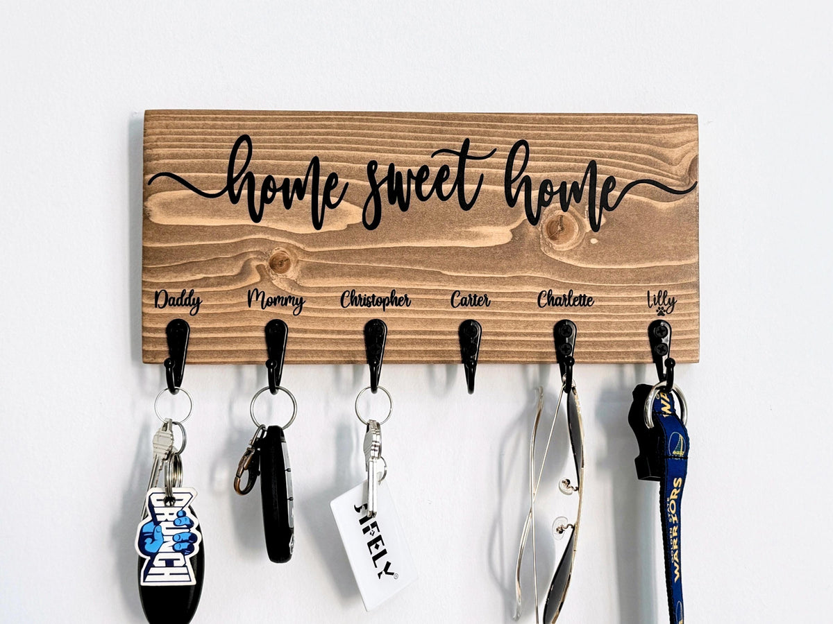 Home Sweet Home Key Holder for Wall, Custom Key Rack, Personalized Gifts for Couples, Family Name Sign, Rustic Welcome Sign, Key Hooks