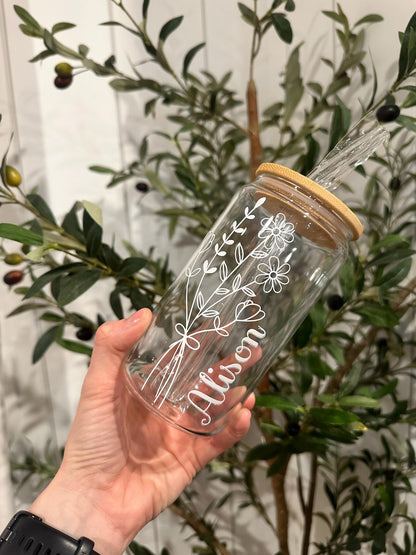 Personalized Birth Flower Glass Cup With Name, Iced Coffee Glass, Birth Flower Gift, Bridesmaid Proposal, Flower Girl Proposal
