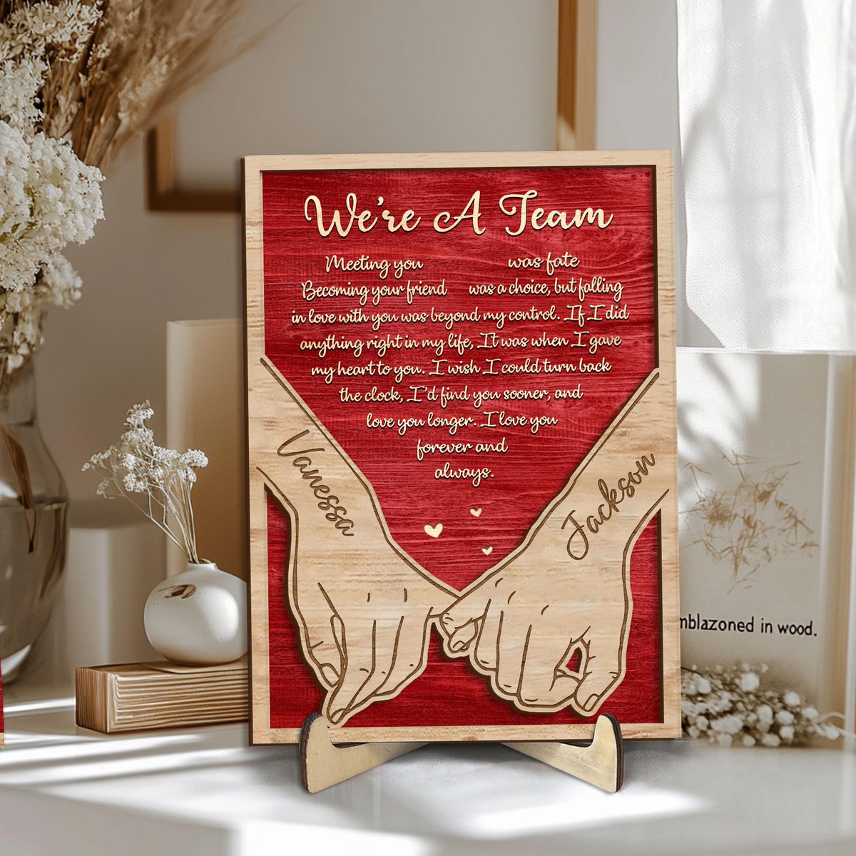 Personalized Couple Wooden Plaque, Custom We're a Team Wooden Sign, Holding Hands Wood Sign, Valentine Day Gift for Him, Her, Husband, Wife