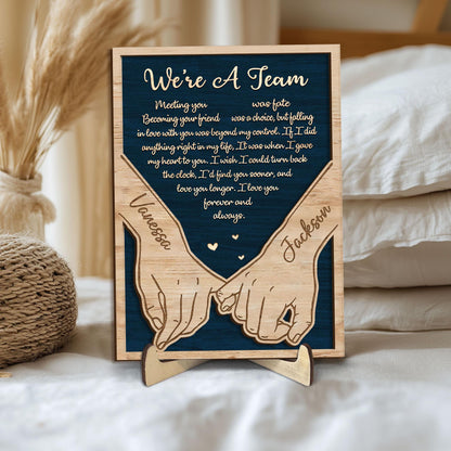 Personalized Couple Wooden Plaque, Custom We're a Team Wooden Sign, Holding Hands Wood Sign, Valentine Day Gift for Him, Her, Husband, Wife